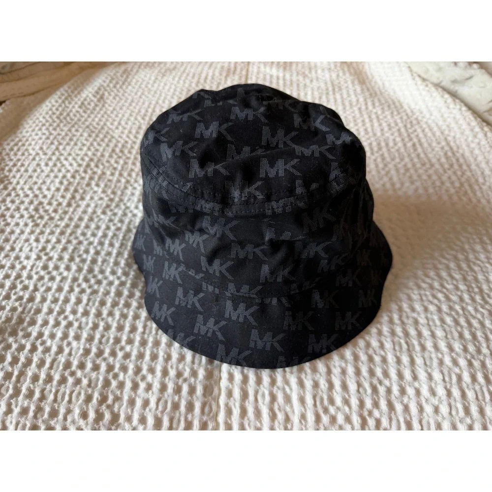 Michael Kors Womens Black Monogram MK Logo Cotton Bucket Hat Size M/L